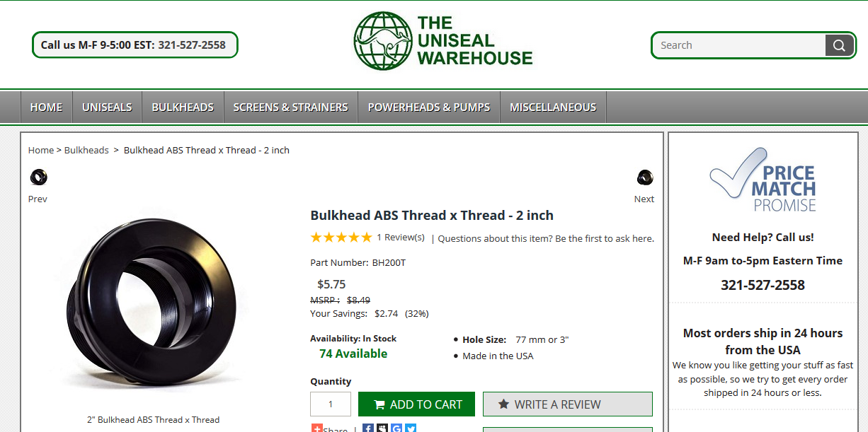 2 inch threaded bulkhead fitting; you'll need three
